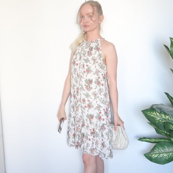Max Studio White Floral Halter Knee Length Midi Dress With Ruffle Hem Size XS - Picture 9 of 14